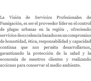  La Visión de Servicios Profesionales de Fumigación, es ser el proveedor líder en el control de plagas urbanas en la región , ofreciendo servicios de excelencia basados en un compromiso de honestidad, ética, responsabilidad y capacidad continua que nos permita desarrollarnos, garantizando la protección de la salud y la economía de nuestros clientes y realizando acciones para conservar el medio ambiente.